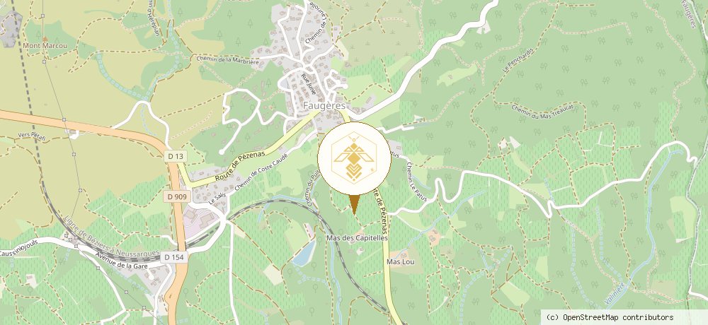 Plan d'acc&egrave;s : la miellerie se trouve &agrave; Faug&egrave;res, dans l'H&eacute;rault